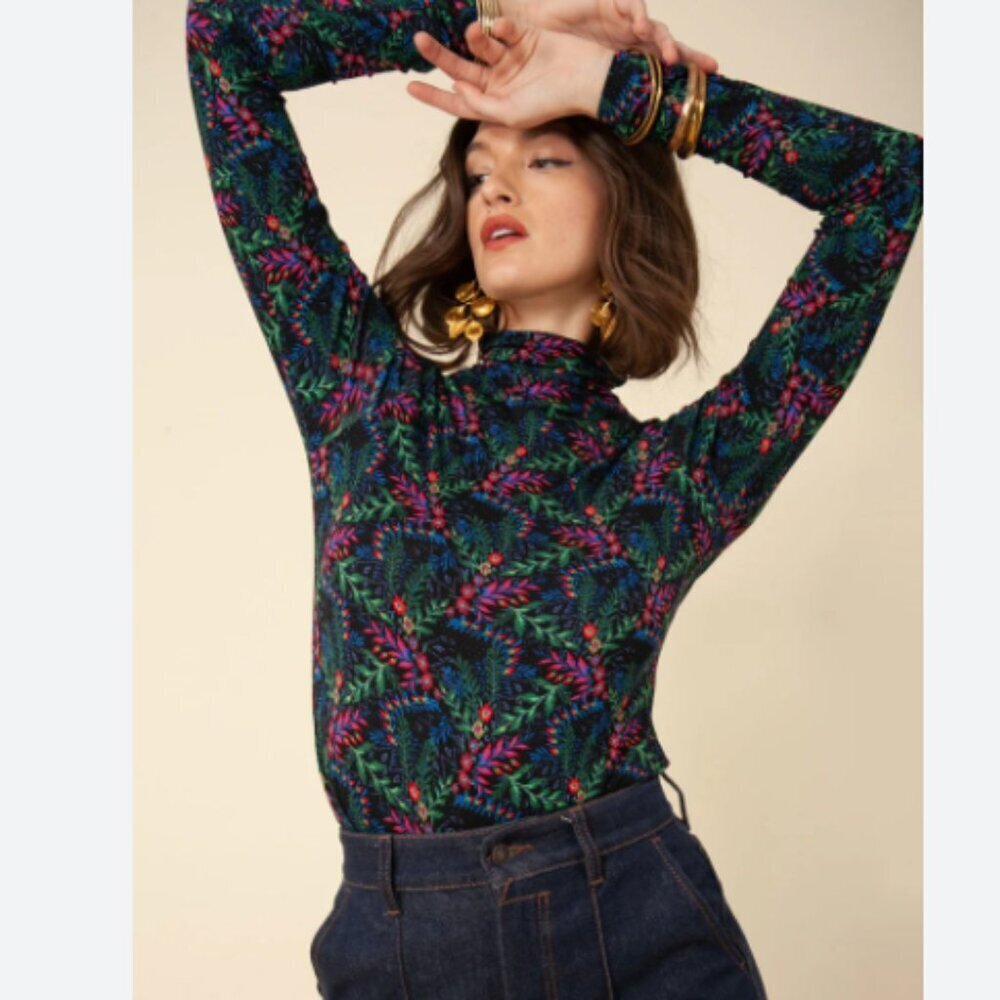 Hale Bob Lilou Jersey Turtleneck Top Black Floral Size Small NWT